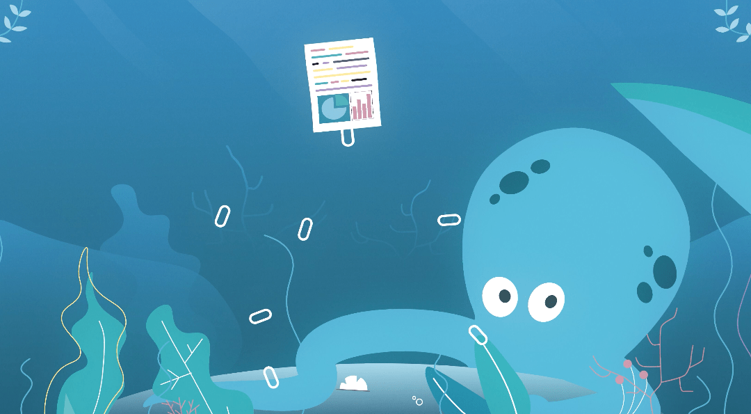 An illustration of an Octopus in the sea with large googly eyes and a report floating towards it in turquoise and blue colours.