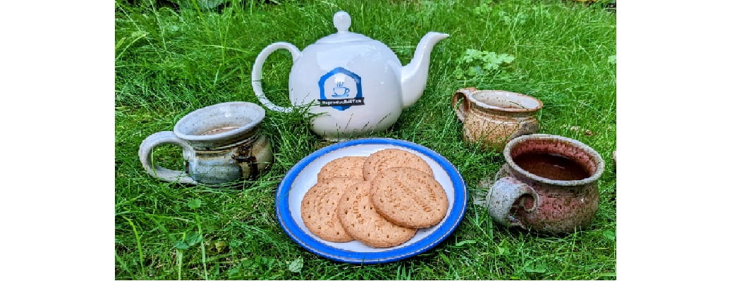 tea pot mugs and biscuits on the grass